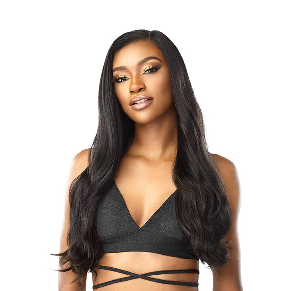 SENSATIONNEL HD lace wig long natural black middle part with soft waves on model