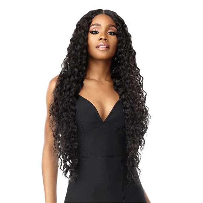 SENSATIONNEL Vice HD lace wig long deep wave black center part worn by model in black dress