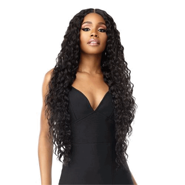 SENSATIONNEL Vice HD lace wig long deep wave black center part worn by model in black dress