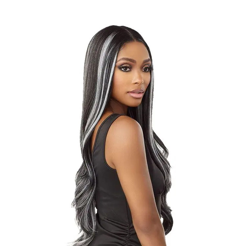 SENSATIONNEL Vice HD lace wig long black with silver front highlights on model in black top