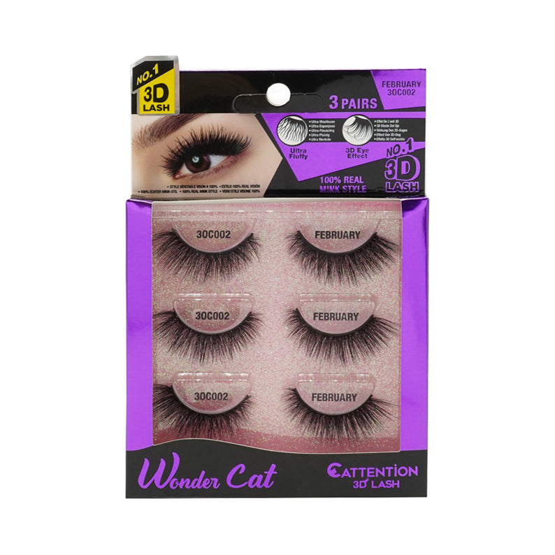 EBIN Wonder Cat 3D cat eye lashes set packaging with three pairs of dramatic wispy mink lashes