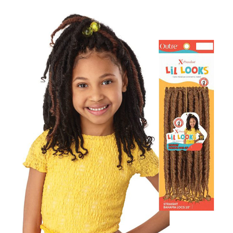 OUTRE kids Bahama locs hair extensions shown on smiling girl in yellow dress with product pack
