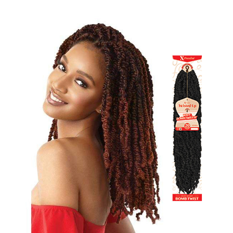 OUTRE wavy bomb twist crochet braids shown in black bundle and styled on woman with shoulder-length twists