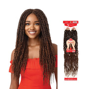 OUTRE 24 inch crochet locs hair in dark brown twist braid style worn by woman in red dress