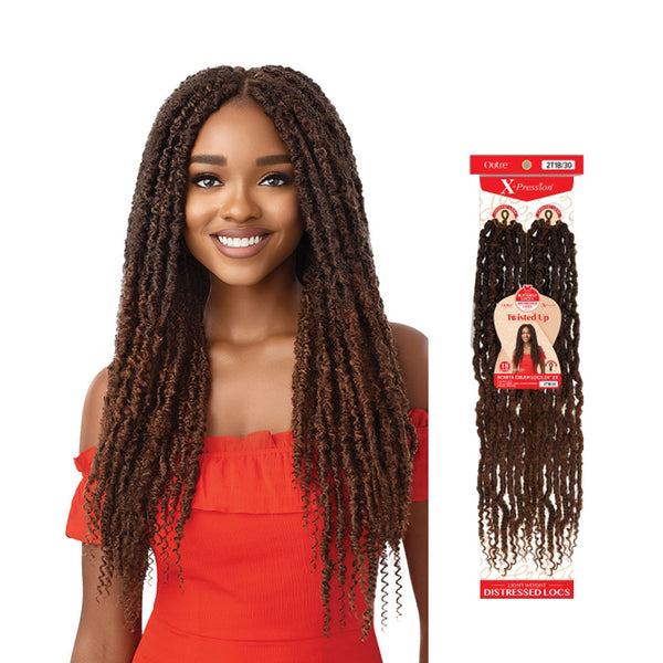 OUTRE 24 inch crochet locs hair in dark brown twist braid style worn by woman in red dress