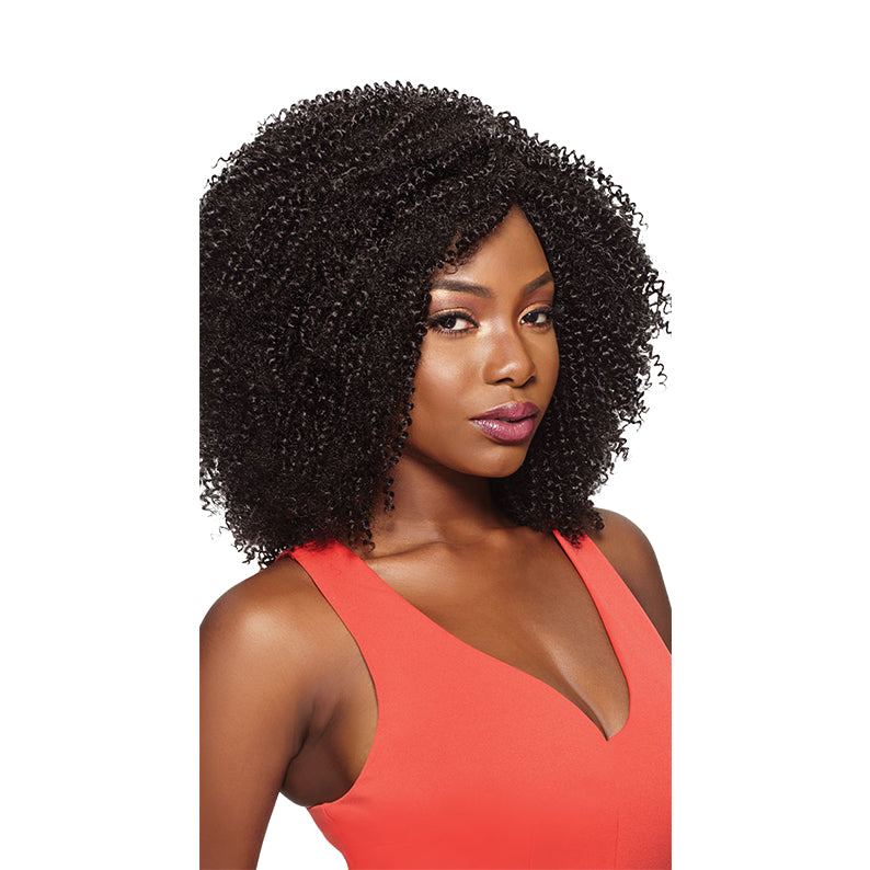 OUTRE 4C coily looped braiding hair styled on woman wearing orange sleeveless top