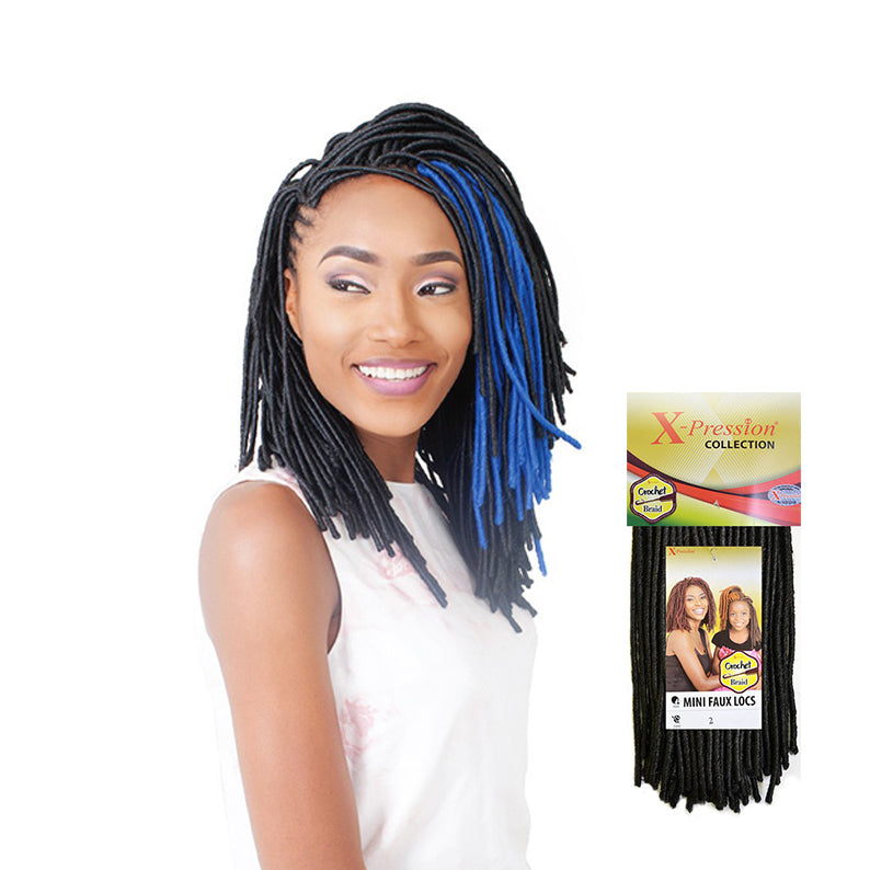 SENSATIONNEL mini faux locs hair extensions in black with blue highlights styled on model