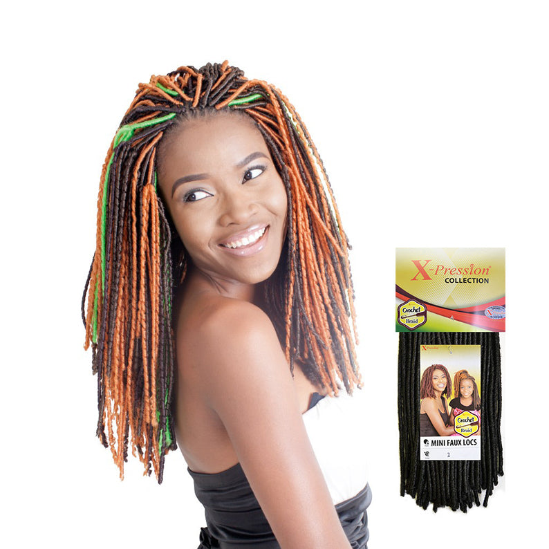 SENSATIONNEL mini faux locs hair extensions in orange black and green worn by smiling woman