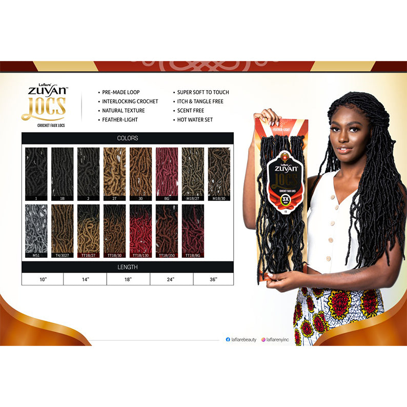 LAFLARE crochet faux locs 36 inch in various colors shown with woman holding package